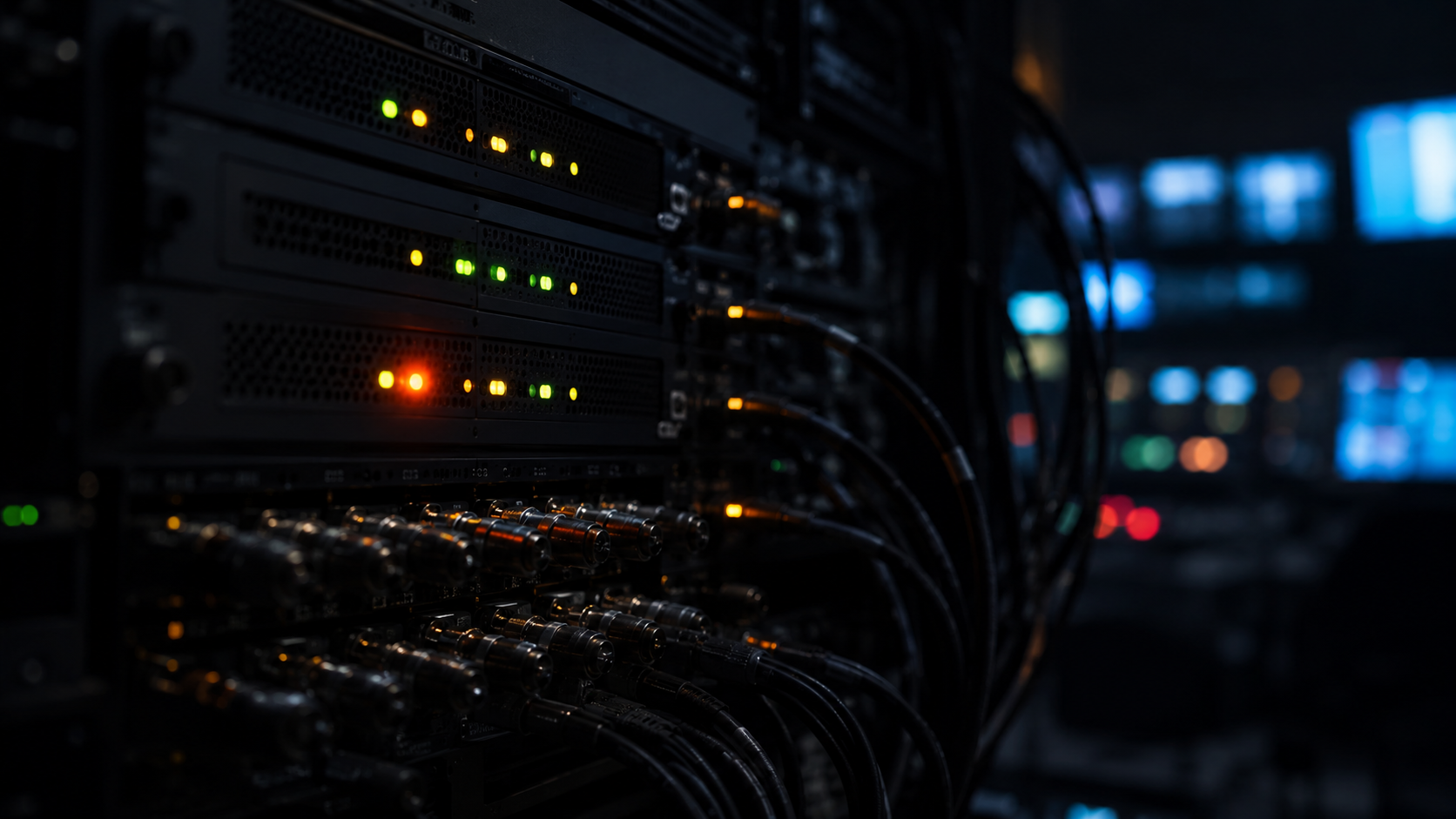 Servidor broadcast en rack room con LEDs activos