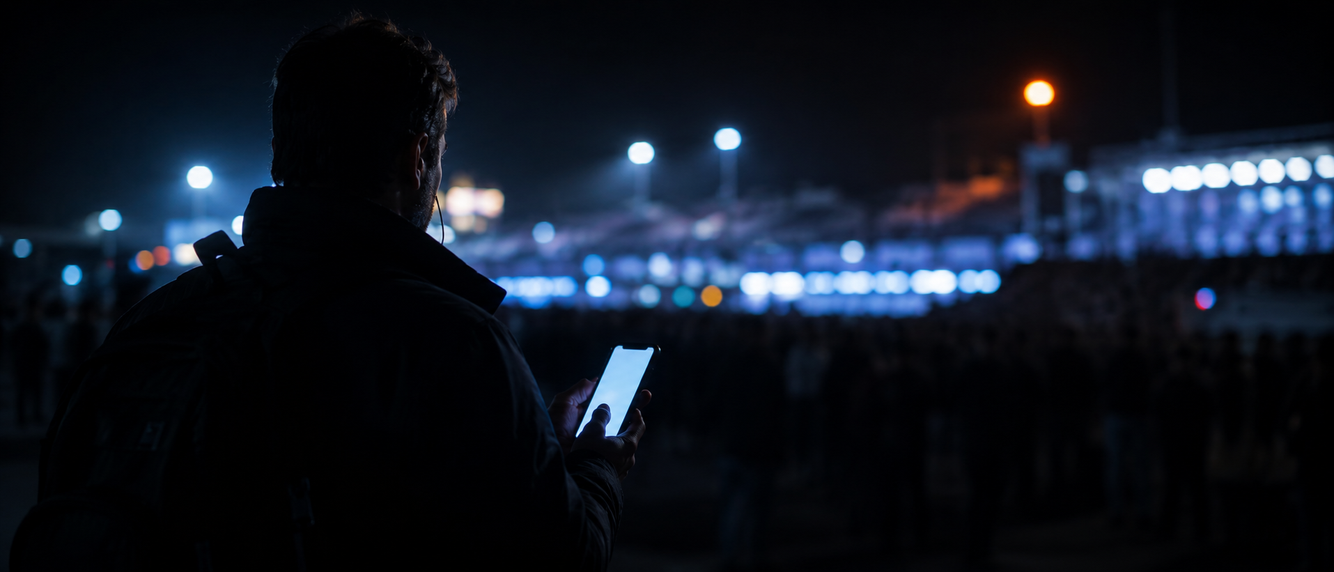 Periodista en cobertura nocturna usando retorno WebRTC en su celular