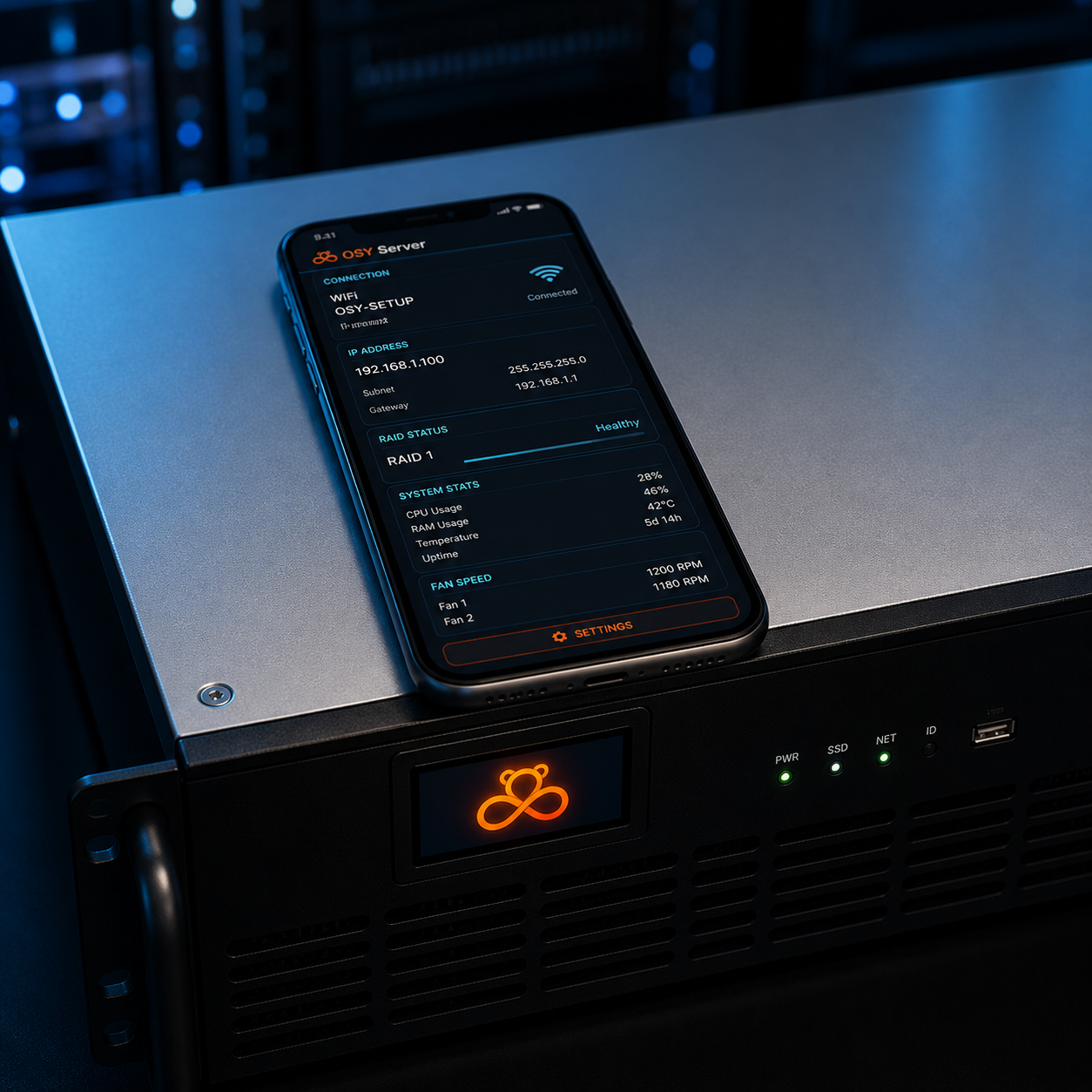 Smartphone apoyado sobre el rack OSY mostrando dashboard de configuración: WiFi, IP, RAID y estadísticas del sistema.